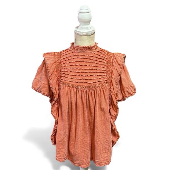 Free People Le Femme Ruffled Crochet Top Coral Pink Beachy Victorian Boho Small - Picture 2 of 10